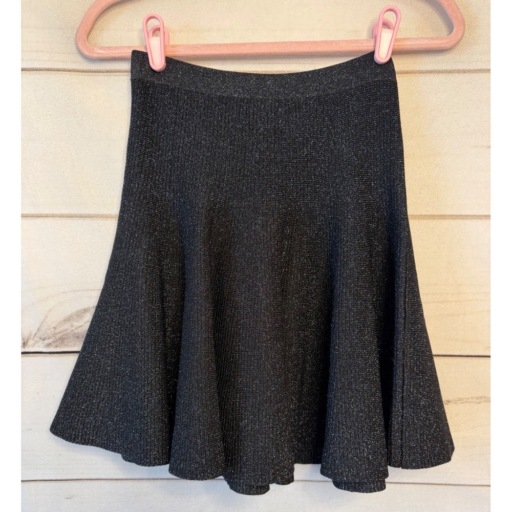 Ronny Kobo Metallic Black Ribbed Knit Skater Mini Skirt Small Holiday Party